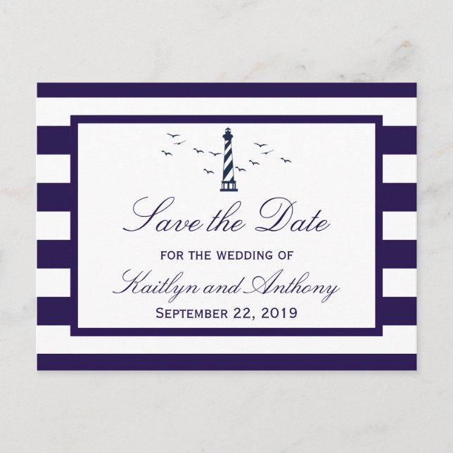 Nautic Lighthouse Wedding speichern das Datum Ankündigungspostkarte (Vorderseite)