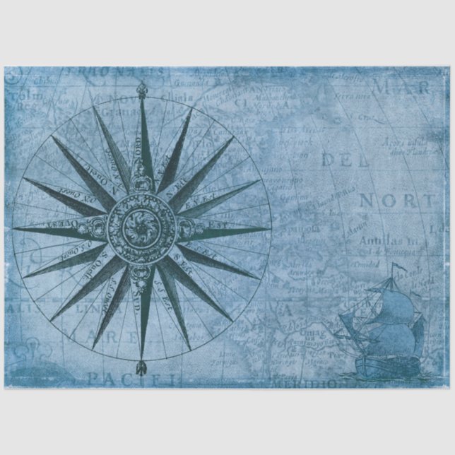 Nautic Map Sailboat Compass Decoupage Blue Seidenpapier (Vorderseite)