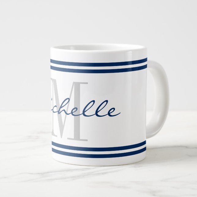 Nautic Marine Blue Streifen Custom Monogramm groß Jumbo-Tasse (Vorderseite Rechts)