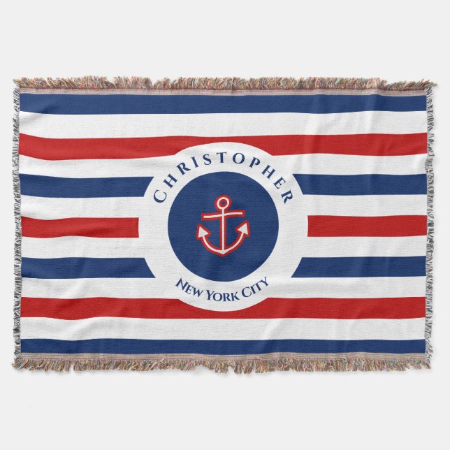 Nautic Marine Navy Blaue weiße Streifen Decke (Vorderseite)
