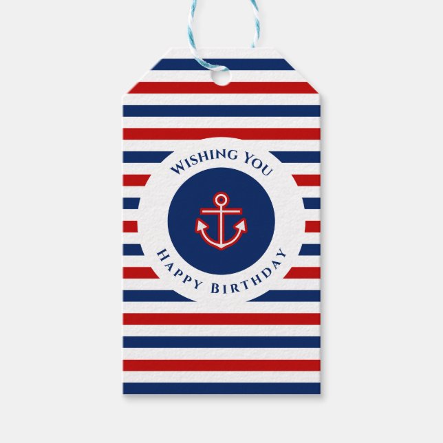 Nautic Marine Navy Blaue weiße Streifen Geschenkanhänger (Vorderseite)