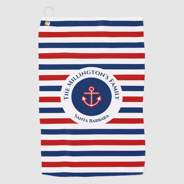 Nautic Marine Navy Blaue weiße Streifen Golfhandtuch (Vorderseite)