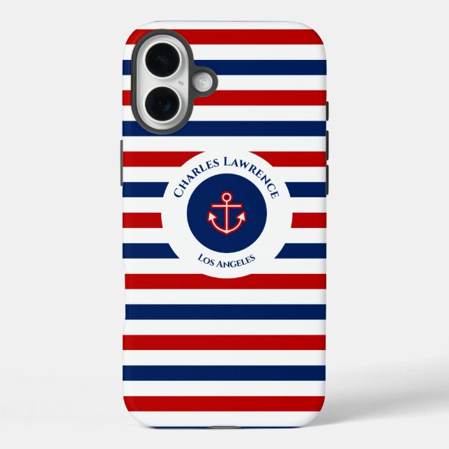 Nautic Marine Navy Blaue weiße Streifen iPhone 16 Plus Hülle (Rückseite)