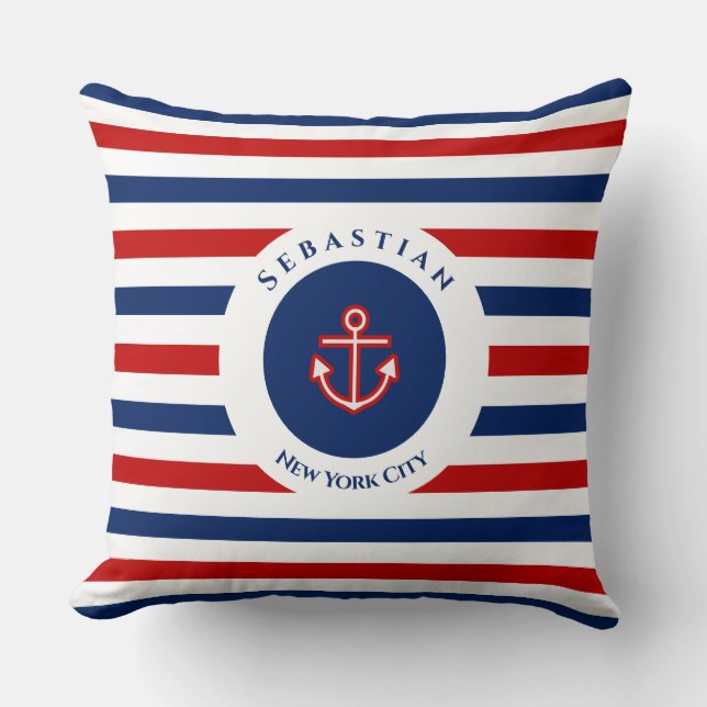 Nautic Marine Navy Blaue weiße Streifen Kissen (Vorderseite)
