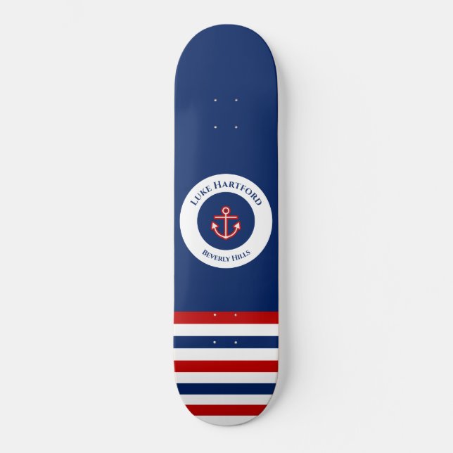 Nautic Marine Navy Blaue weiße Streifen Skateboard (Vorderseite)