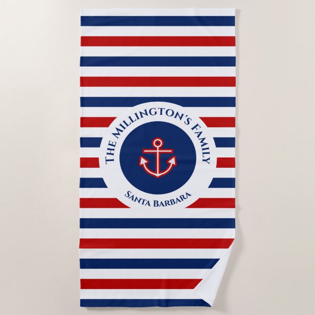 Nautic Marine Navy Blaue weiße Streifen Strandtuch (Vorderseite)