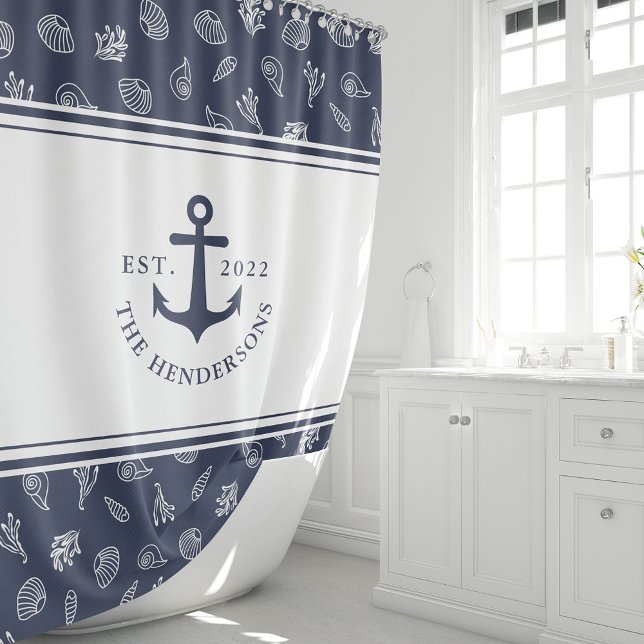 Nautic Mit Monogramm White Navy Blue Anchor Duschvorhang (Von Creator hochgeladen)