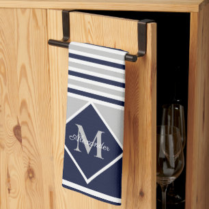 Nautic Modern Navy Blue Gray Monogram Kitchen Geschirrtuch