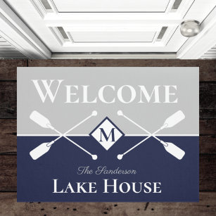 Nautic Modern Navy Blue Gray Monogram Lake House Fußmatte