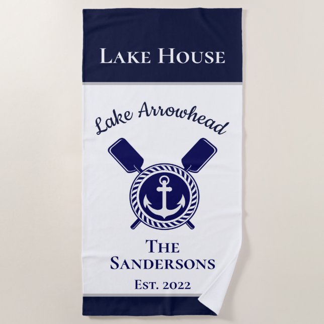 Nautic Modern Navy Blue Monogram Lake House Strandtuch (Vorderseite)