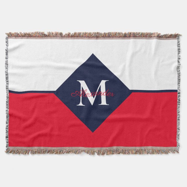 Nautic Modern Navy Blue Red Monogram Doormat Decke (Vorderseite)