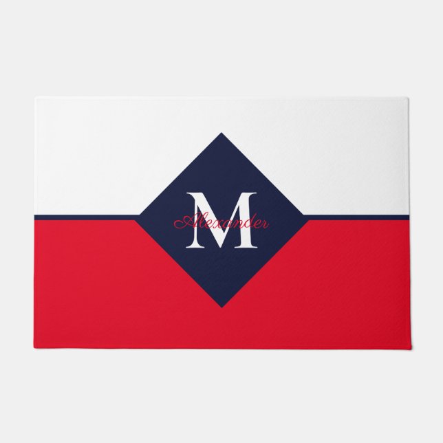 Nautic Modern Navy Blue Red Monogram Fußmatte (Vorderseite)