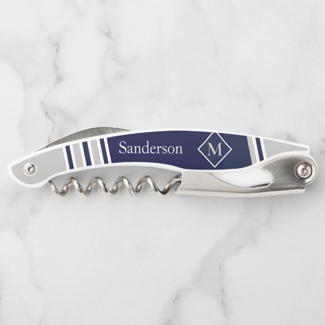 Nautic Modern Navy, White Striped Gray Monogram Kellnermesser (Rückseite)