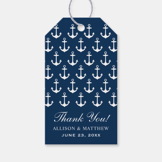 Nautic Navy Anchor Muster Hochzeit Vielen Dank Geschenkanhänger (Vorderseite)