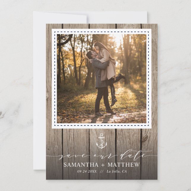 Nautic Navy Anchor Rustic Wood Foto Hochzeit Save The Date (Vorderseite)