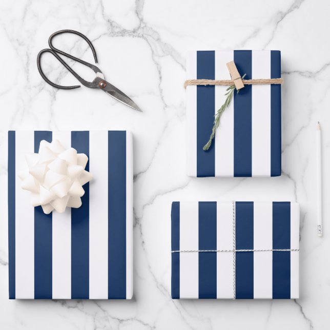 Nautic Navy Blau & Weiß Streifen Geschenkpapier Set (Vorderseite)