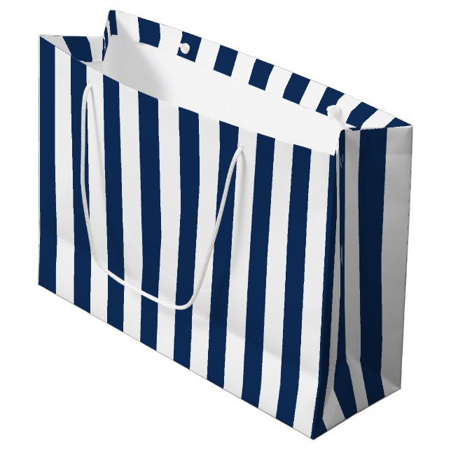 Nautic Navy Blau & Weiß Streifen Große Geschenktüte (Vorderseite Schrägansicht)