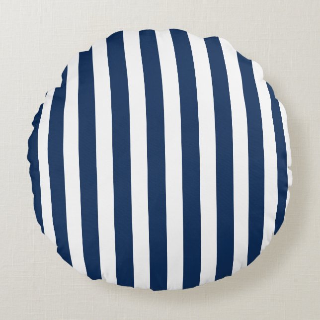 Nautic Navy Blau & Weiß Streifen Rundes Kissen (Vorderseite)