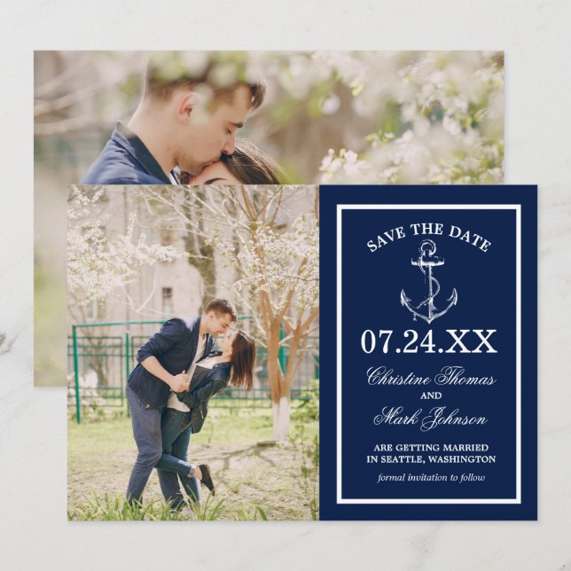 Nautic Navy Blue Anchor 2 Foto Save the Date Einladung (Vorne/Hinten)