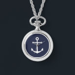 Nautic Navy Blue Anchor Armbanduhr<br><div class="desc">Modernes Minimalistisches Nautical Gift mit weißem Anker auf marineblau Hintergrund.</div>