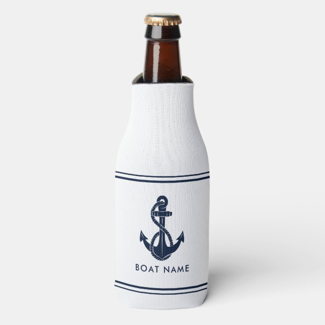 Nautic Navy Blue Anchor Boat Name Custom Flaschenkühler (Flaschenvorderseite)