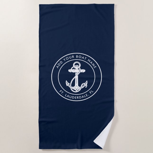 Nautic Navy Blue Anchor Boat Name Custom Strandtuch (Vorderseite)