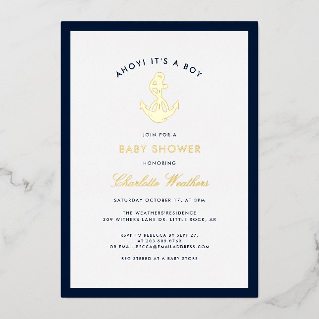 Nautic Navy Blue Anchor Boy Baby Dusche Gold Folieneinladung (Vorderseite)