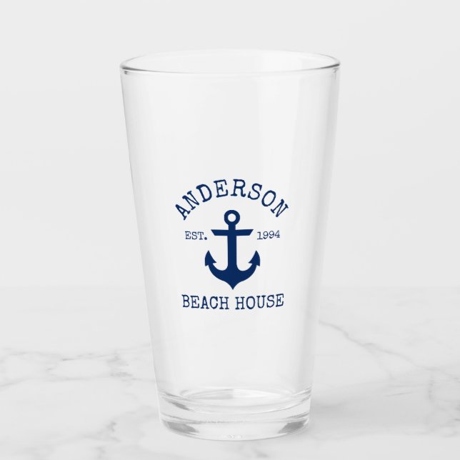 Nautic Navy Blue Anchor Family Beach House Glas (Vorderseite)