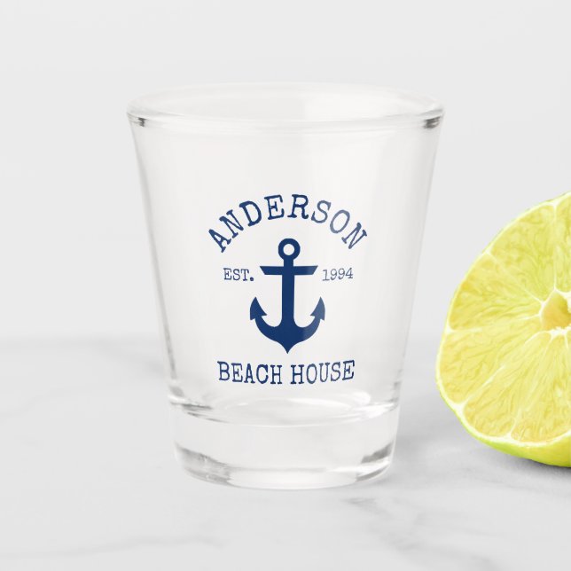Nautic Navy Blue Anchor Family Beach House Schnapsglas (Vorderseite)