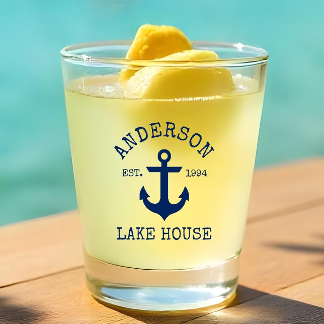 Nautic Navy Blue Anchor Family Lake House Schnapsglas (Customize to change text size or color.)