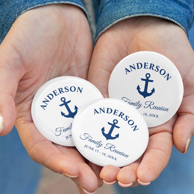 Nautic Navy Blue Anchor Family Wiedersehen Button (Customize to change text size,  text style or background color.)