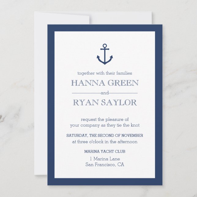 Nautic Navy Blue Anchor Hochzeitseinladung Einladung (Vorderseite)