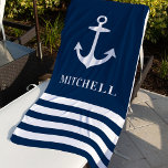 Nautic Navy Blue Anchor Individuelle Name Beach Strandtuch<br><div class="desc">Das personalisierte nautische Badetuch zeichnet sich durch ein schlichtes,  stilvolles marineblau-weißes Küstenstreifen-Design mit Bootsanker aus. Personalisieren Sie den benutzerdefinierten Text für Monogramme mit einem Vor- oder Nachnamen.</div>