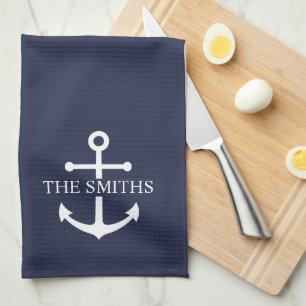 Nautic Navy Blue Anchor Personalisierter Familienn Geschirrtuch