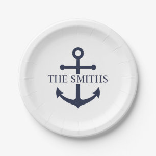 Nautic Navy Blue Anchor Personalisierter Familienn Pappteller