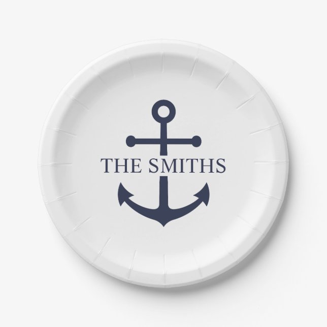 Nautic Navy Blue Anchor Personalisierter Familienn Pappteller (Vorderseite)