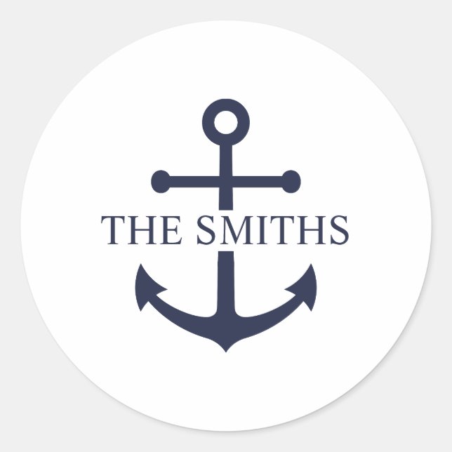 Nautic Navy Blue Anchor Personalisierter Familienn Runder Aufkleber (Vorderseite)