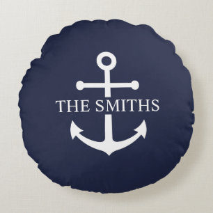 Nautic Navy Blue Anchor Personalisierter Familienn Rundes Kissen
