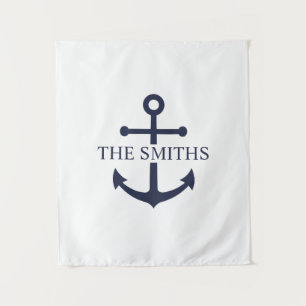 Nautic Navy Blue Anchor Personalisierter Familienn Wandteppich