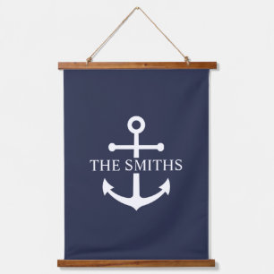 Nautic Navy Blue Anchor Personalisierter Familienn Wandteppich Mit Holzrahmen