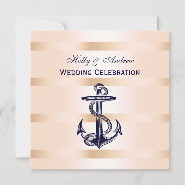Nautic Navy Blue Anchor Pink BG SQ Hochzeit Einladung (Vorderseite)