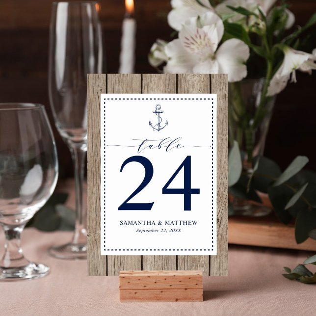 Nautic Navy Blue Anchor Rustic Wood Wedding Tischnummer (Rustic wood nautical anchor design table number card is perfect for your wedding reception.)
