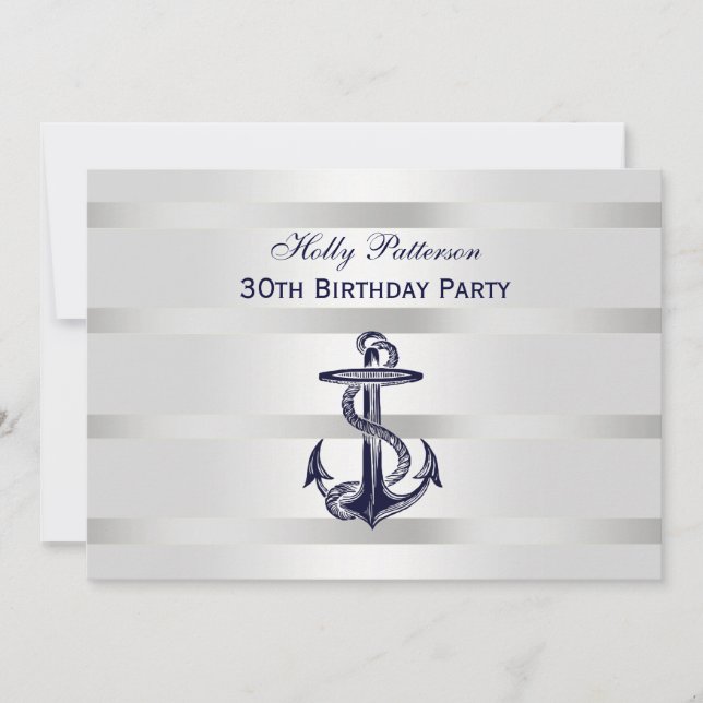 Nautic Navy Blue Anchor Silver Wt BG H Birthday Einladung (Vorderseite)