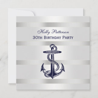Nautic Navy Blue Anchor Silver Wt BG SQ Geburtstag Einladung