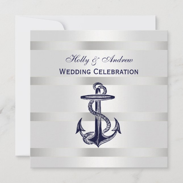 Nautic Navy Blue Anchor Silver Wt BG SQ Hochzeit Einladung (Vorderseite)