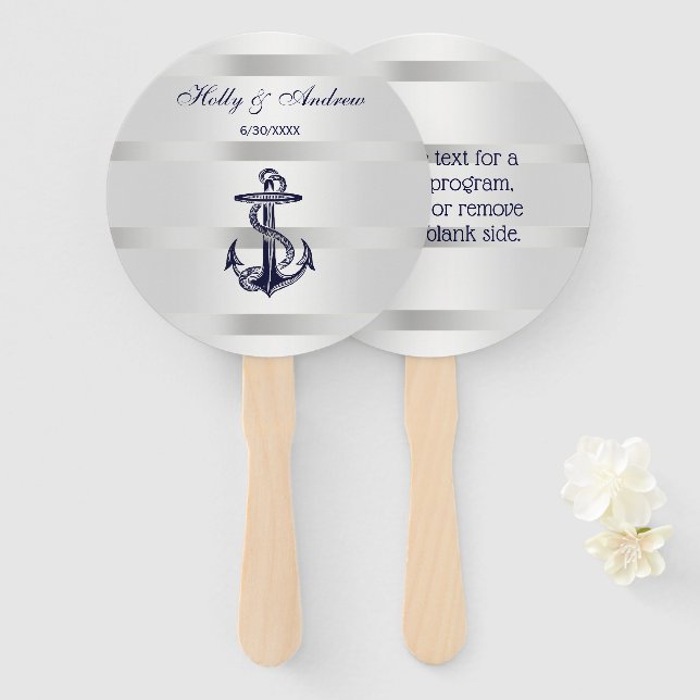 Nautic Navy Blue Anchor Silver Wt BG Wedding Fächer (Vorne und Hinten)