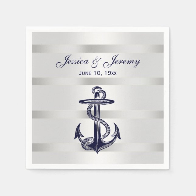 Nautic Navy Blue Anchor Silver Wt BG Wedding Serviette (Vorderseite)
