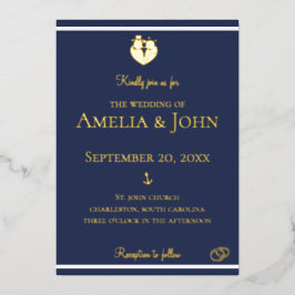 Nautic Navy Blue Anchor Wedding Gold Folieneinladung