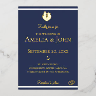 Nautic Navy Blue Anchor Wedding Gold Folieneinladung