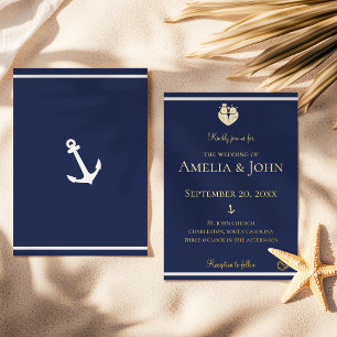Nautic Navy Blue Anchor Wedding Gold Folieneinladung